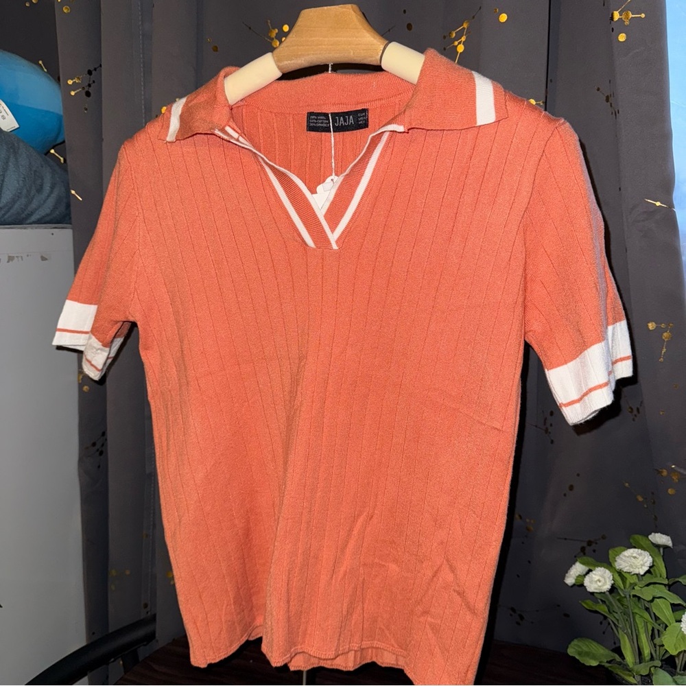 Jaja Salmon Pink/Orange Ribbed Top Blouse